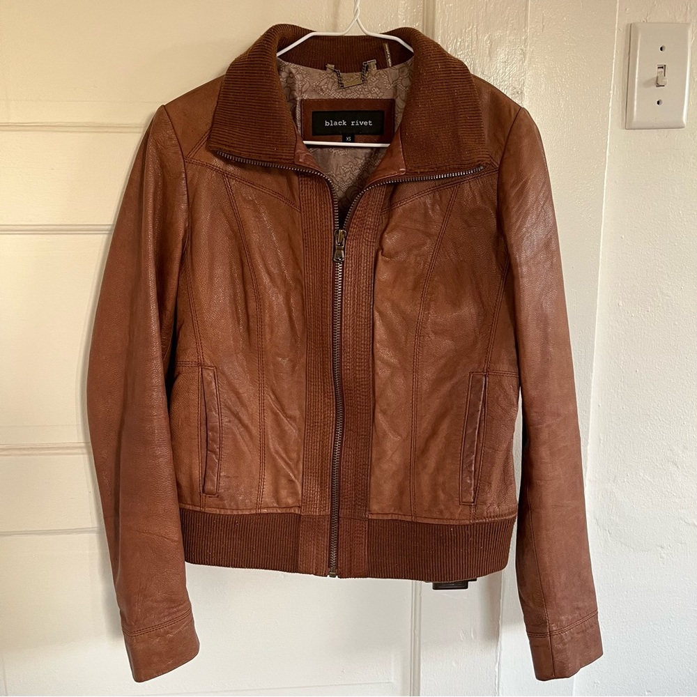 Black Rivet Leather Jacket Brown Size XS Zipper